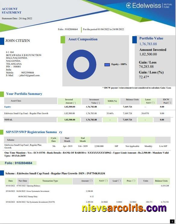 India Edelweiss bank statement Word and PDF, 3 pages